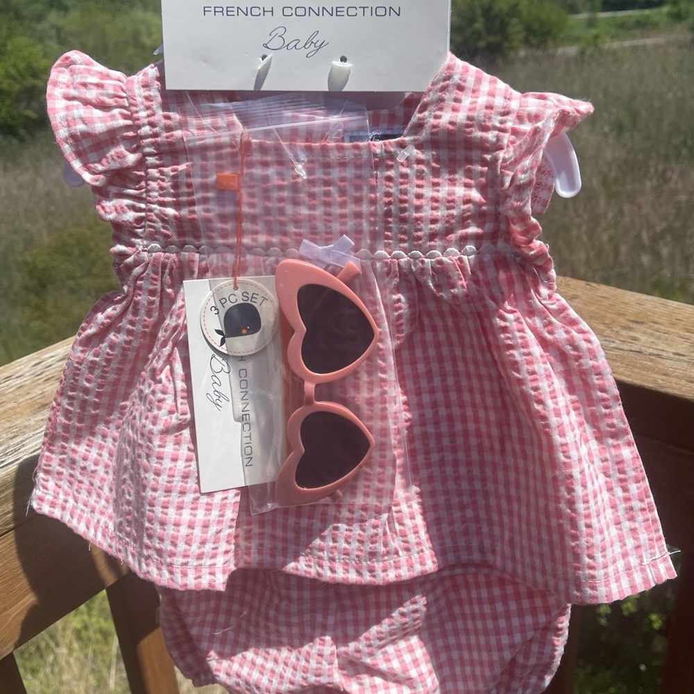 French Connection Pink & White dress w/matching Bloomers and sporty sunglasses